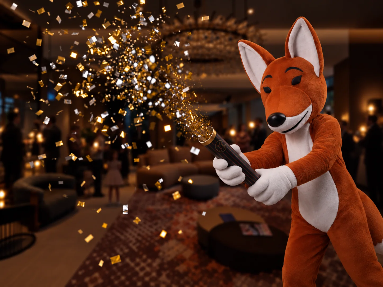Das OREA-Maskottchen – eine Füchsin – lässt in der Hotelhalle goldenes Konfetti regnen