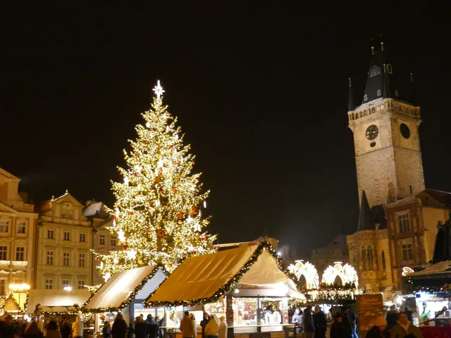 Christmas tree and stalls below the Old Town Hall tower