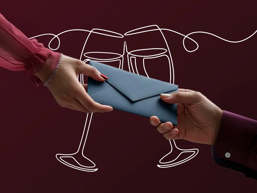 A voucher in a blue envelope on a burgundy background with a drawing of two glasses